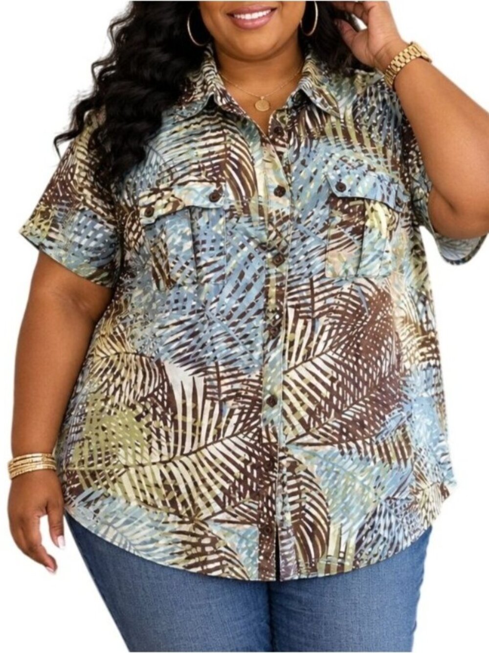 Liz Claiborne Woman Size 3X Top Tropical Print Button Down Leafy Short Sleeve